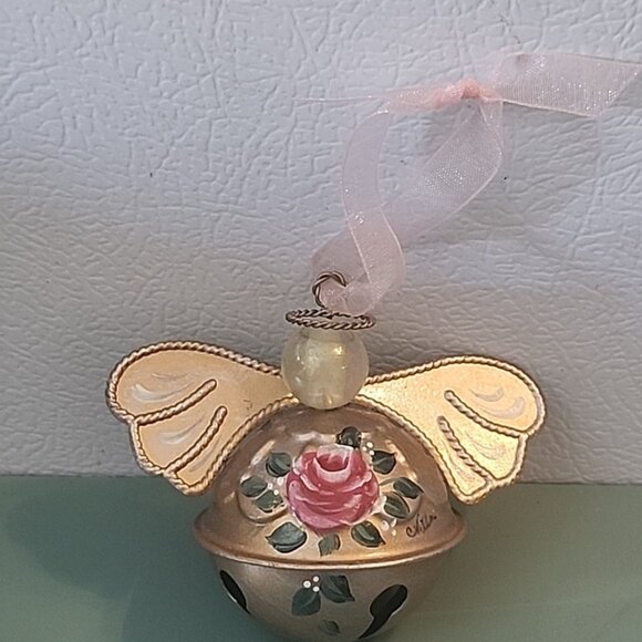 Metal Angel Jingle Bell Christmas Ornament Hand Painted Signed - Picture 5 of 7